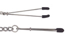 Silver adjustable tweezer nipple clamps with rubber tips and link chain for beginners and experienced users.
