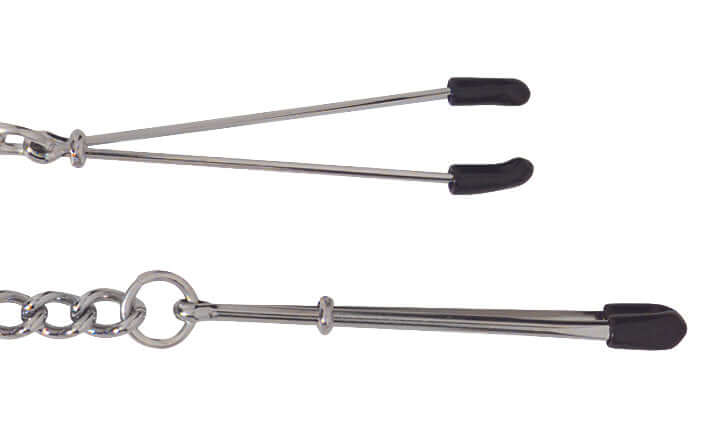 Silver adjustable tweezer nipple clamps with rubber tips and link chain for beginners and experienced users.