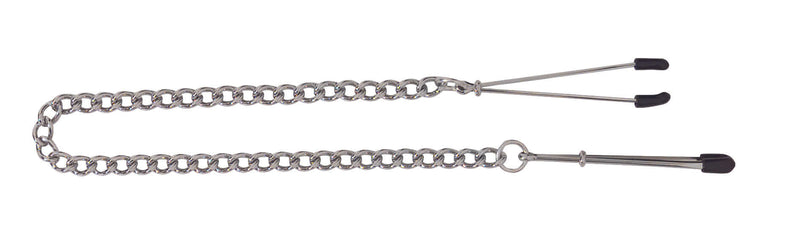 Silver Spartacus adjustable tweezer nipple clamps with rubber-tipped ends and link chain for beginner-friendly pleasure.