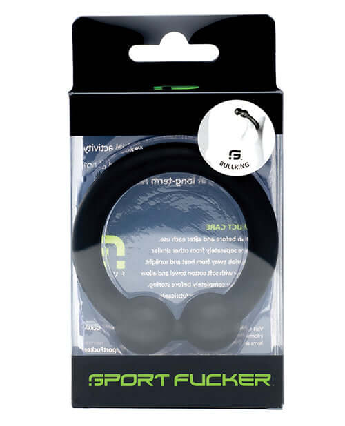 Bull Ring Black cock ring by Sport Fucker in packaging, made of extra firm silicone for enhanced pleasure and flexibility.