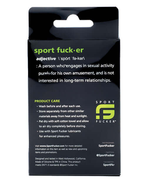 Packaging for Sport Fucker product with care instructions and brand definition on a black background.