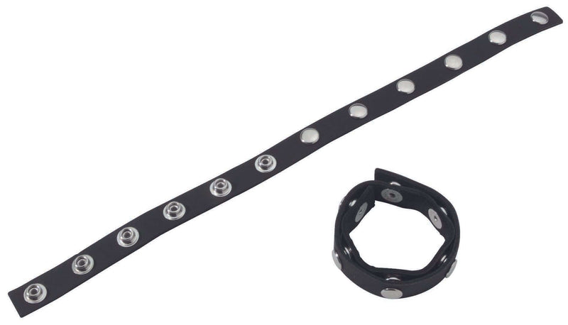 Adjustable Spartacus black leather cock ring with six-speed snaps for customizable fit and comfort.