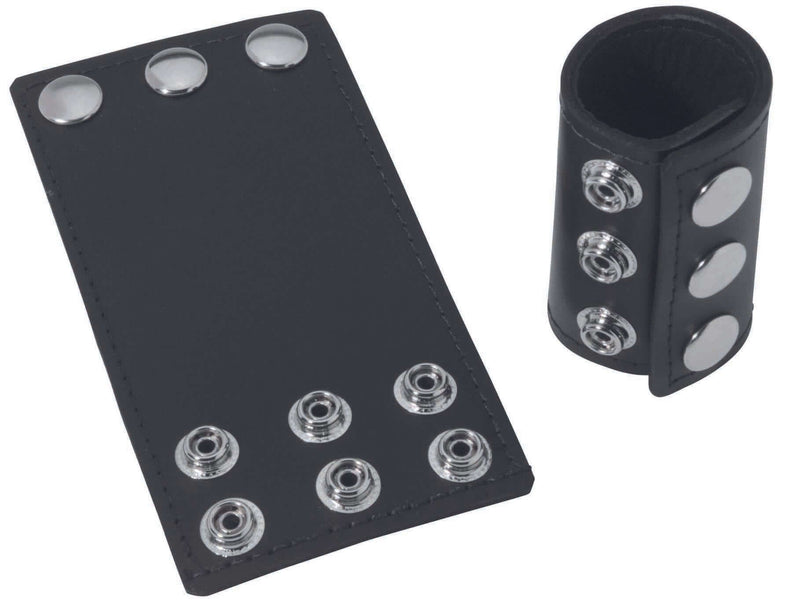 Spartacus Leathers 3-inch ball stretcher with snap closures made from durable black leather.