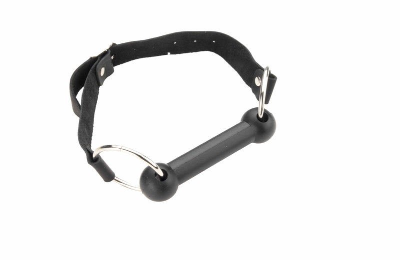 Spartacus Leathers Silicone Bit Gag with leather strap and metal O-rings, comfortable and non-toxic design.