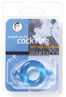 Spartacus blue elastomer cock ring in packaging, stretchy and skin-safe design for enhanced comfort and pleasure.