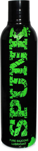 Spunk Pure Silicone Lubricant 8 Oz bottle with bold green lettering on black packaging.