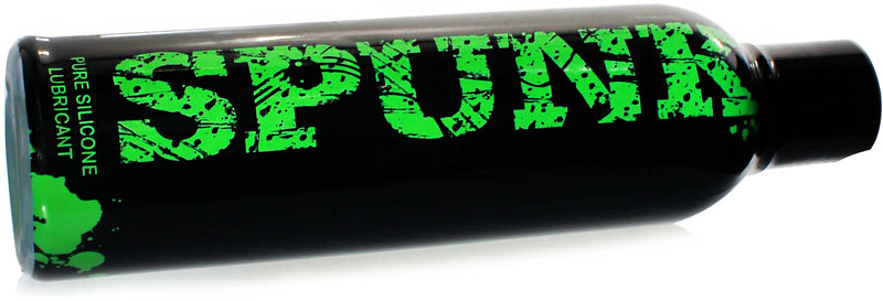 Spunk Pure Silicone Lubricant 8 Oz bottle featuring a bold green logo on a black background.