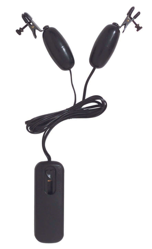 Spartacus Leathers Vibrating Nipple Clamps with adjustable tension and remote control for enhanced sensation.