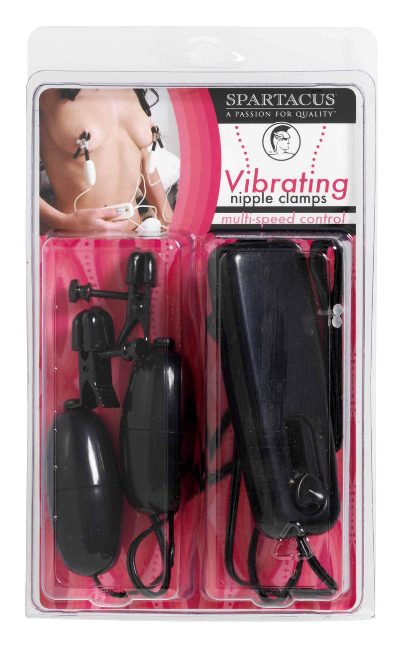Spartacus Vibrating Nipple Clamps packaging featuring adjustable clamps and multi-speed control.