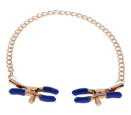 Cougar Chained Nipple Clamps with Gold Chain and Blue Tips, Adjustable for BDSM Play