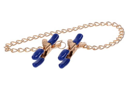 Cougar chained nipple clamps with gold chain and blue tips for adjustable pressure in BDSM play.