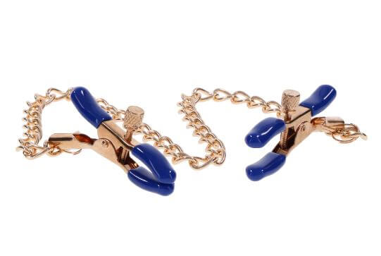 Adjustable Cougar chained nipple clamps with gold chain and blue tips, enhancing BDSM play with elegance and control.