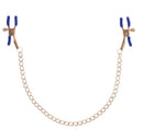 Gold chained nipple clamps with blue tips and adjustable pressure screws, perfect for elegant BDSM play.