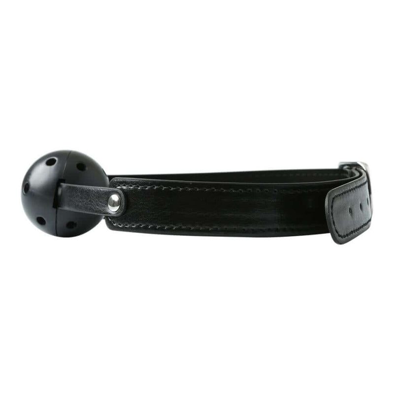 Black breathable ball gag for silent communication in S&M play, designed for comfort and fun.