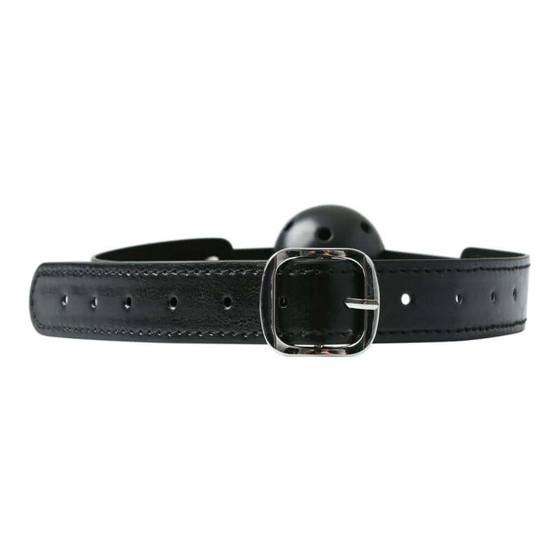 Black breathable ball gag with buckle closure for silent communication and BDSM play.
