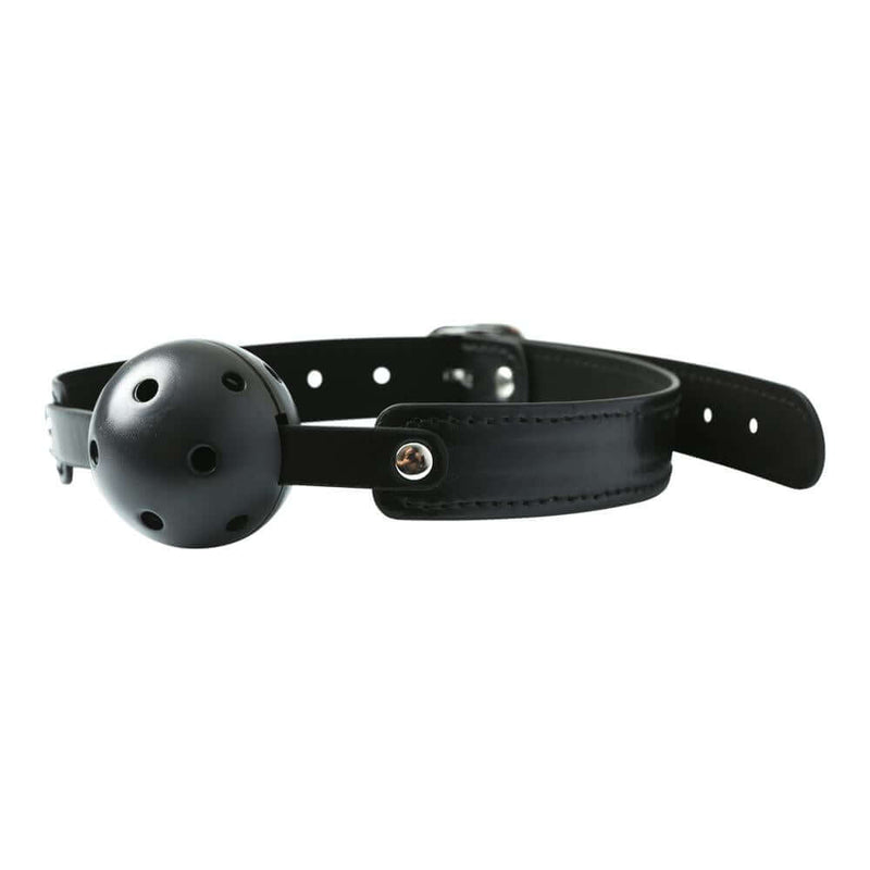 Breathable black ball gag for silent communication in BDSM play.