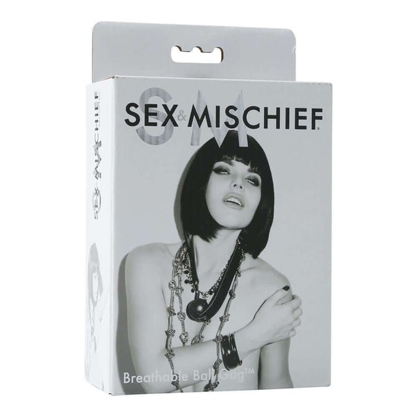 Sex & Mischief breathable ball gag packaging featuring a stylish model and bold branding.