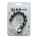 Sex & Mischief Silicone Anal Beads Black in packaging showcasing sleek design and high-quality silicone material.