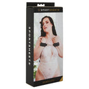 Sportsheets Sports Cuffs Black product packaging featuring a model wearing cuffs, designed for comfortable restraint.