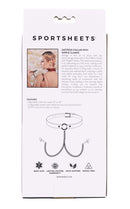 Saffron Collar with Nipple Clamps packaging showcasing features and design in deep red and black, by Sportsheets.