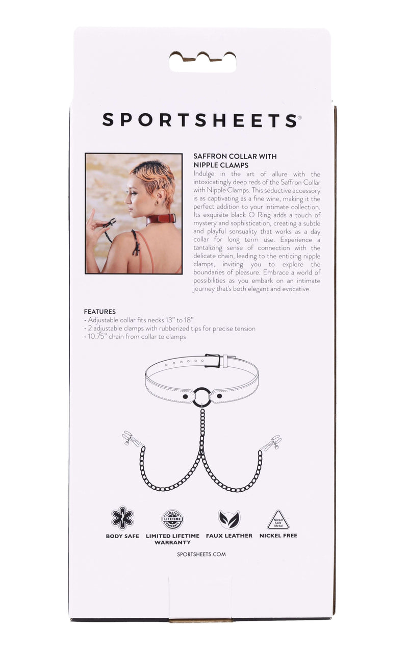 Saffron Collar with Nipple Clamps packaging showcasing features and design in deep red and black, by Sportsheets.