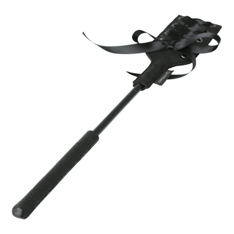 Luxurious black riding crop paddle with lace and satin bow from Sportsheets Midnight collection. Perfect for BDSM and bedroom play.