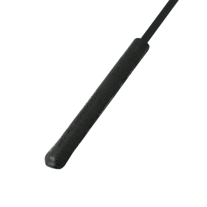 Close-up of the handle of the black Sportsheets Midnight Crop paddle, showcasing its textured grip.
