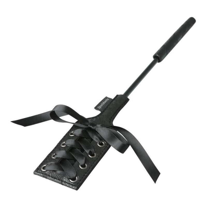 Sportsheets Midnight Crop black riding crop paddle with lace and satin bow decoration for BDSM play