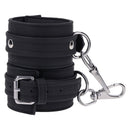 Sportsheets Signature Midnight Muse Ankle Cuffs in black silicone with silver-tone hardware for bondage play.