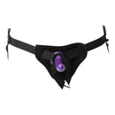 Sportsheets New Comers Strap On & Dildo Set featuring a black harness with a purple dildo.