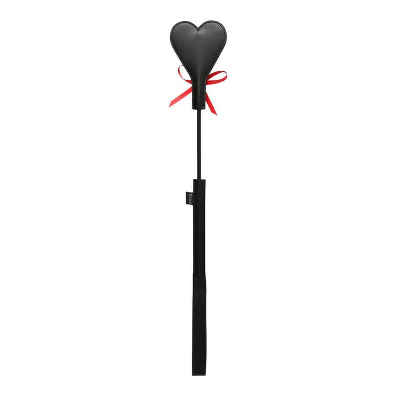 Black and red Sex & Mischief Heart Beat Crop, a playful and elegant spanking tool with a heart-shaped tip.