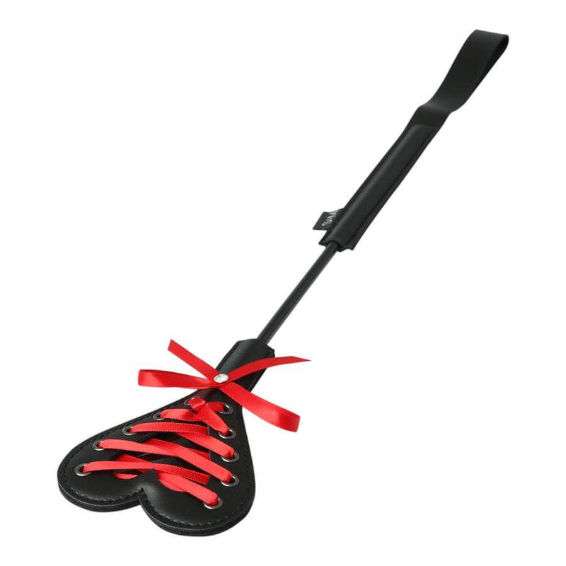 Sex & Mischief Heart Beat Crop in black and red with heart design, perfect for playful spanking and teasing.