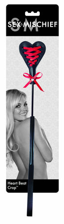 Sex & Mischief Heart Beat Crop in black and red with laced heart design, perfect for playful spanking and intimacy.