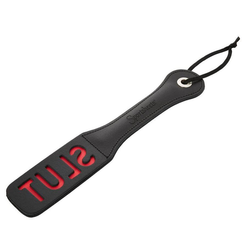 Sportsheets Leather Slut Impression Paddle, 12-inch black slapper with SLUT cutout for bold impressions.