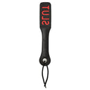 Sportsheets Leather Slut Impression Paddle, 12-inch black paddle with red 'SLUT' cut-out impression.