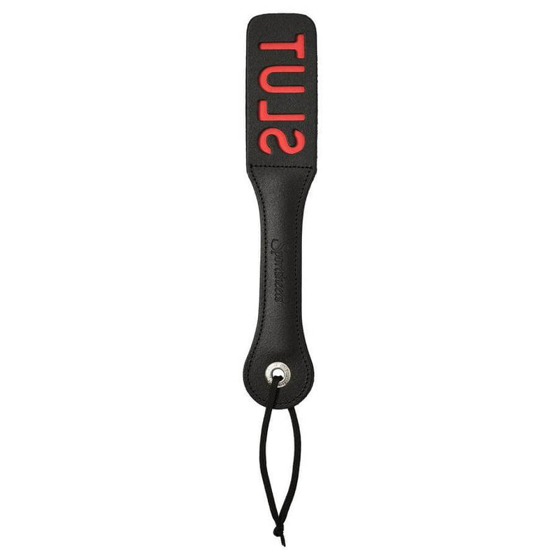 Sportsheets Leather Slut Impression Paddle, 12-inch black paddle with red 'SLUT' cut-out impression.