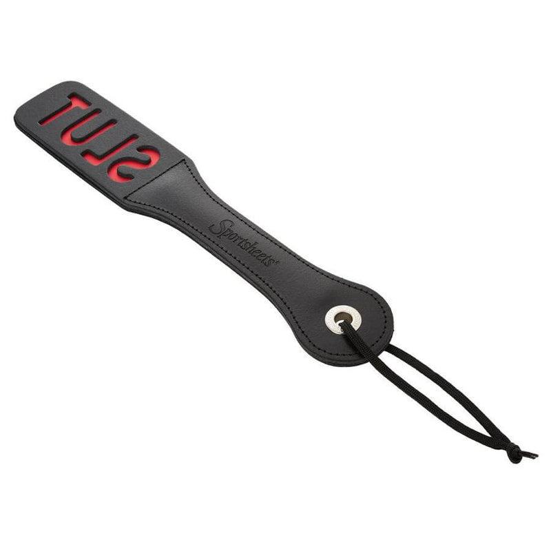 Sportsheets Leather Slut Impression Paddle 12 inches - Black, high-quality leather with SLUT cutout for marking.