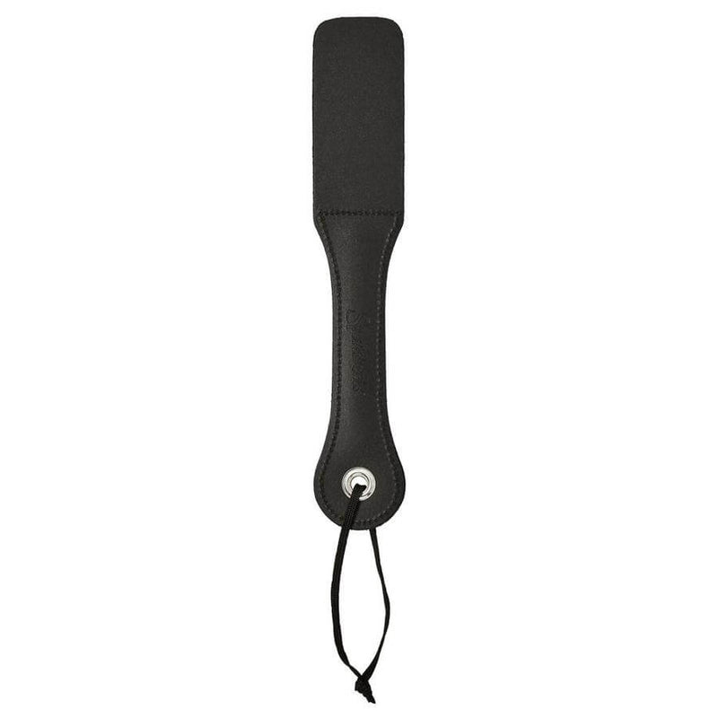 Sportsheets Leather Slut Impression Paddle, 12 inches long, black leather slapper for intimate play, features stitched handle.