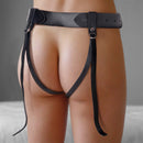 Strict Leather Premium Leather Strap-On Harness Black on display, showcasing minimalist design and secure fit.