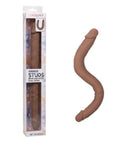 Silicone Studs Bend & Hold Dual Dildo 16 inch Brown in packaging and displayed next to it.