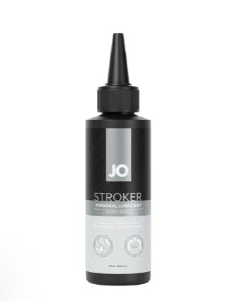 JO Stroker Water Based Lubricant 4 Oz in a squeeze bottle for enhanced male pleasure and toy play.