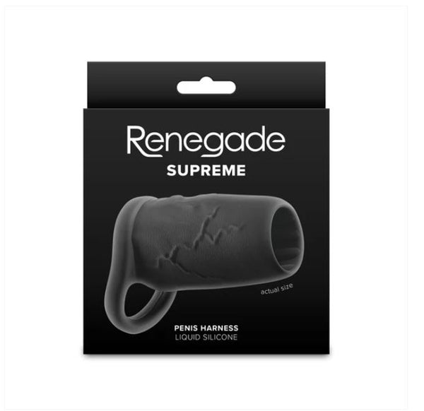 Renegade Supreme Silicone Penis Sleeve Black packaging showcasing a penis harness made of liquid silicone.