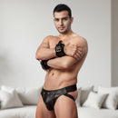 Model showcasing Strict Leather Premium Fur Lined Wrist Cuffs, highlighting comfort and style in bondage gear.