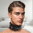 Strict Leather Premium Fur Lined Locking Collar XL Black on a model, showcasing its thick leather and plush fur lining.