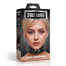Strict Leather Premium Locking Collar packaging featuring a model wearing the leather collar with locking buckle.