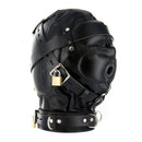 Strict Leather Sensory Deprivation Hood Small Medium Black featuring padded sections and locking straps, designed for sensory control.