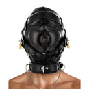 Strict Leather Sensory Deprivation Hood Small Medium Black shown on a model highlighting its padded features and secure fit.
