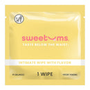 Sweetums Pina Colada Flavored Intimate Wipes package displaying bright yellow design and pH-balanced label.