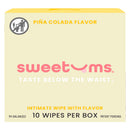 Sweetums Pina Colada Flavored Intimate Wipes box packaging with flavor details and product information.