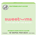Sweetums Watermelon Flavored Intimate Wipes box with 10 wipes per box, ph balanced, and fresh watermelon flavor.